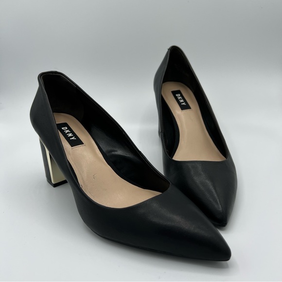 DKNY Black Leather Block Heels Pointed Toe Pumps US Size 7 - Picture 4 of 10